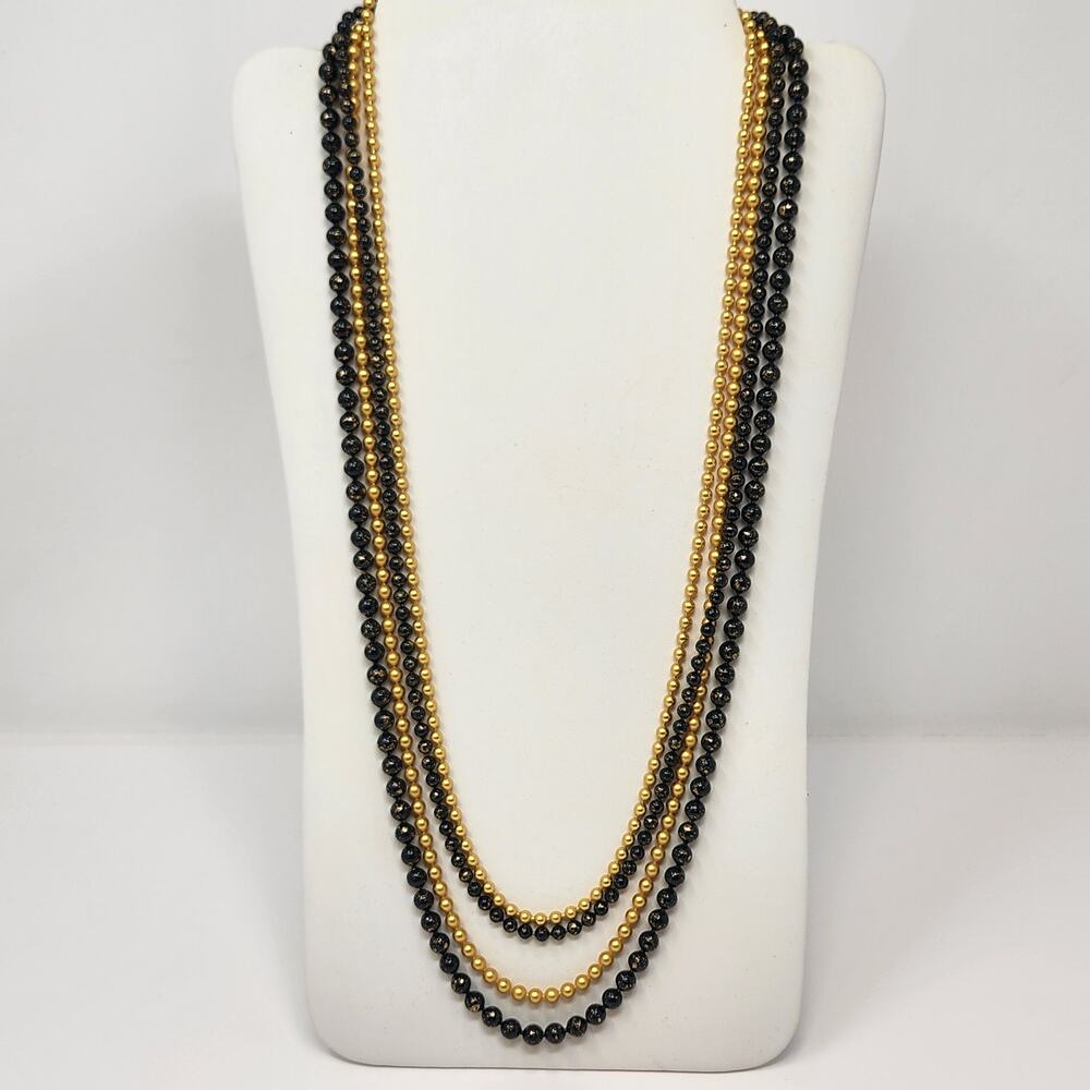 Georgiou Multi Strand Gold Black Speckle Glass Bead Necklace Layered Vintage